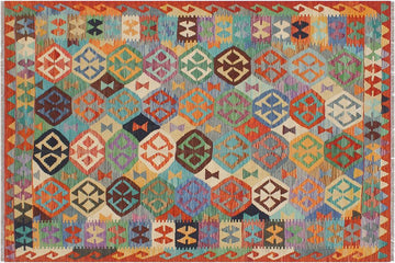 Flat Weave Kilim, Antique, Navaho, Vintage, Handmade, Geometric Kilim Blue Rust Hand-Woven Rectangle 100% Wool Area Rug 5 x 6